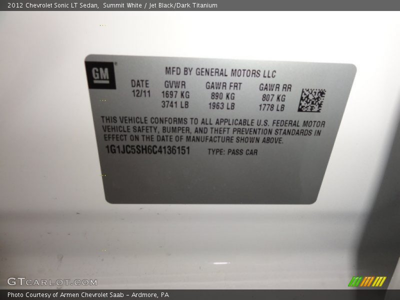 Summit White / Jet Black/Dark Titanium 2012 Chevrolet Sonic LT Sedan