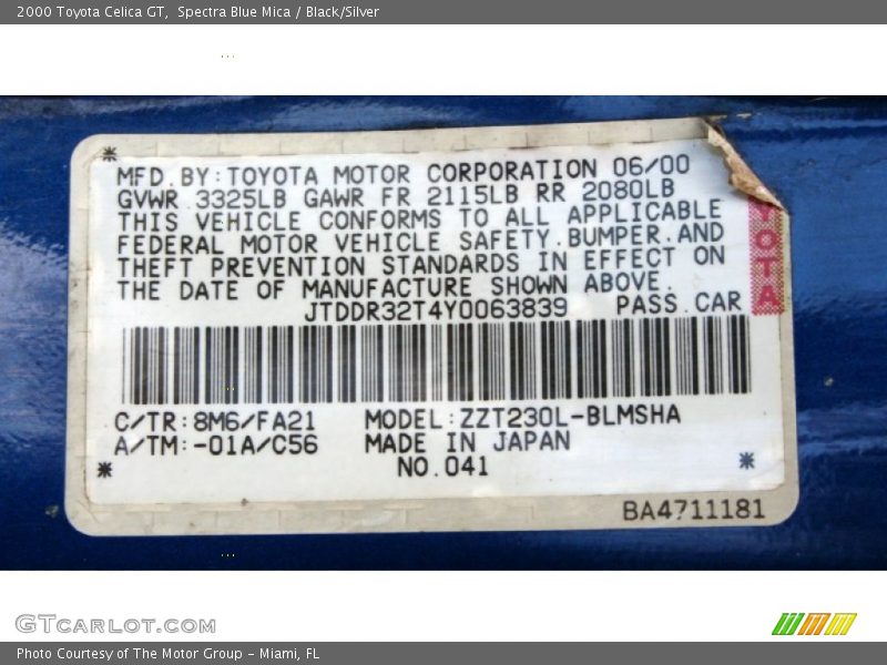 2000 Celica GT Spectra Blue Mica Color Code 8M6