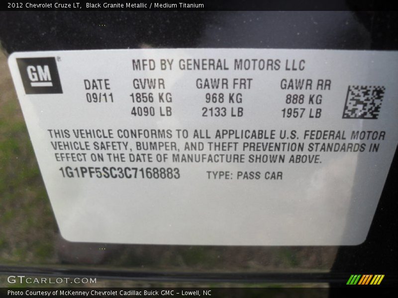 Black Granite Metallic / Medium Titanium 2012 Chevrolet Cruze LT