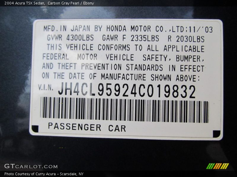 Carbon Gray Pearl / Ebony 2004 Acura TSX Sedan