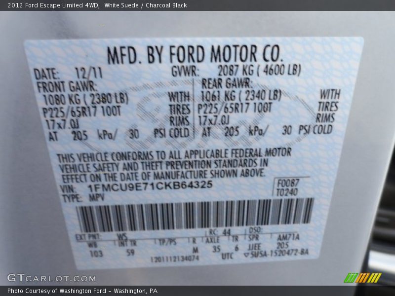 2012 Escape Limited 4WD White Suede Color Code WS