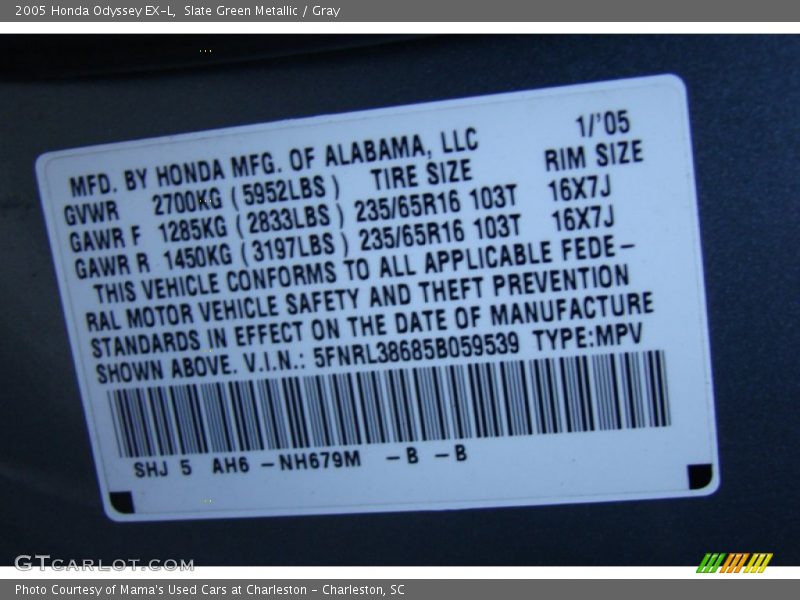Slate Green Metallic / Gray 2005 Honda Odyssey EX-L