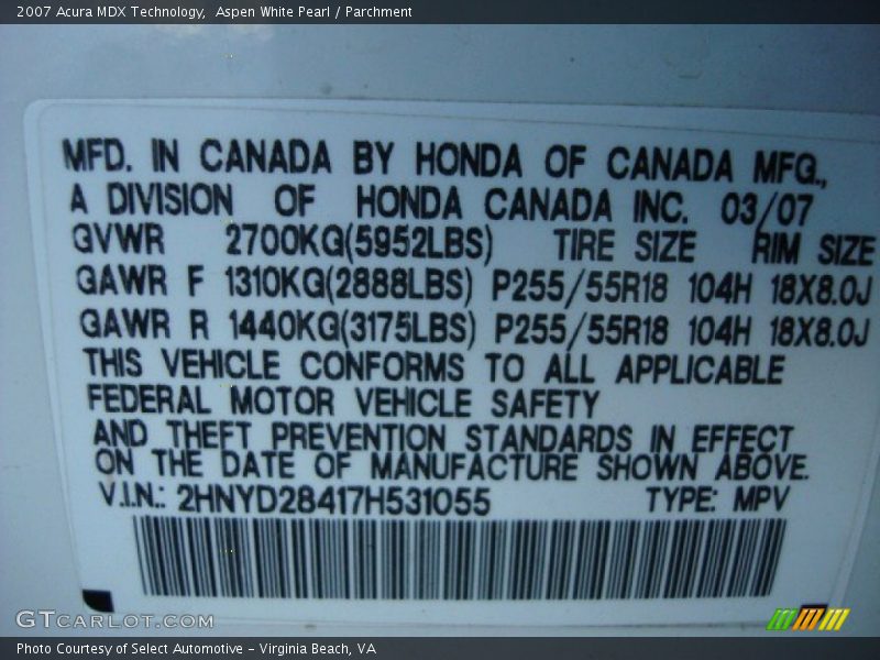 Aspen White Pearl / Parchment 2007 Acura MDX Technology