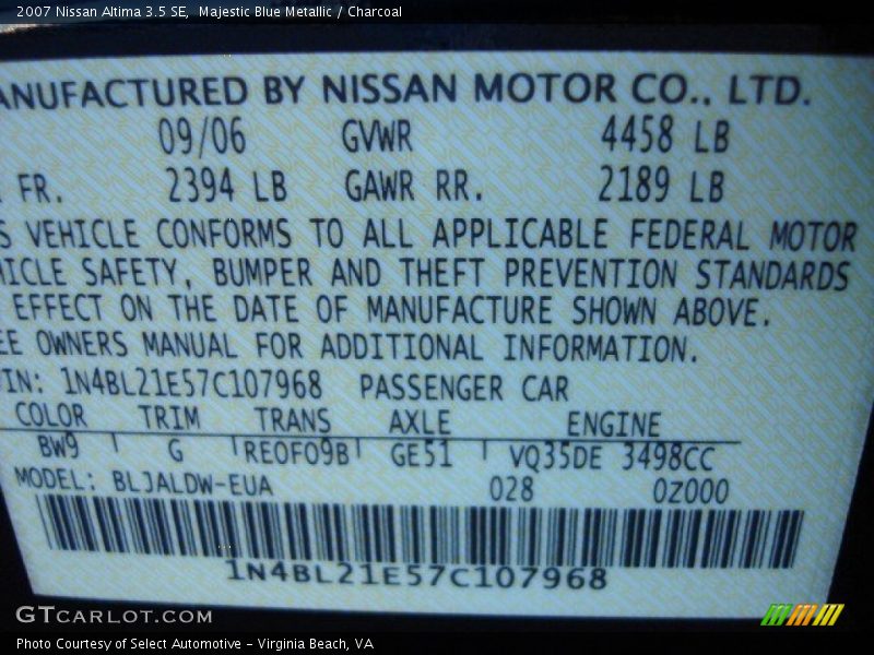 Majestic Blue Metallic / Charcoal 2007 Nissan Altima 3.5 SE