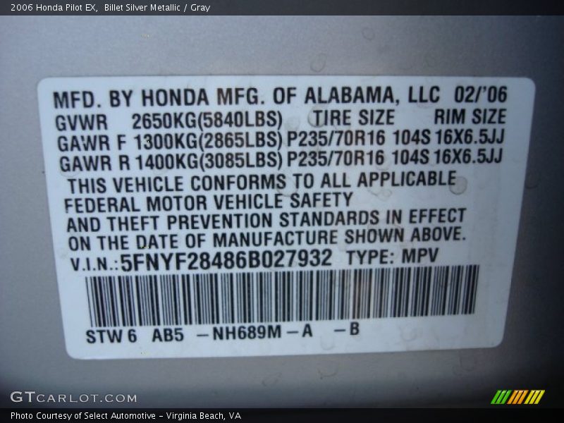 Billet Silver Metallic / Gray 2006 Honda Pilot EX