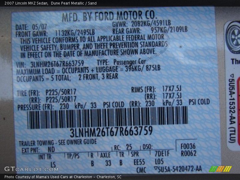 Dune Pearl Metallic / Sand 2007 Lincoln MKZ Sedan