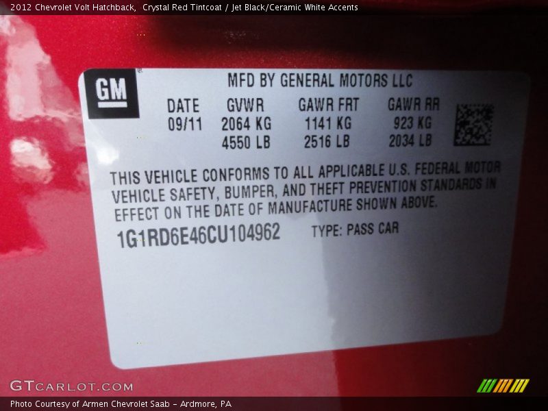 Crystal Red Tintcoat / Jet Black/Ceramic White Accents 2012 Chevrolet Volt Hatchback