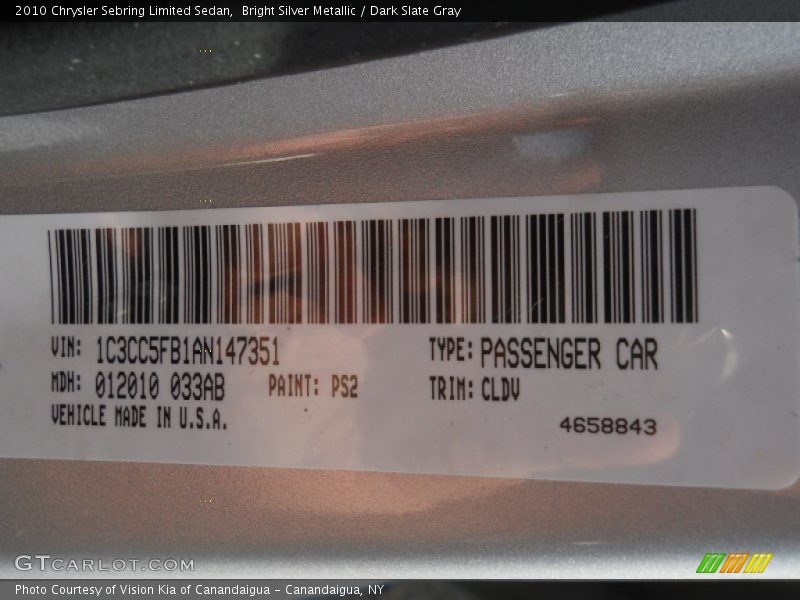 Bright Silver Metallic / Dark Slate Gray 2010 Chrysler Sebring Limited Sedan