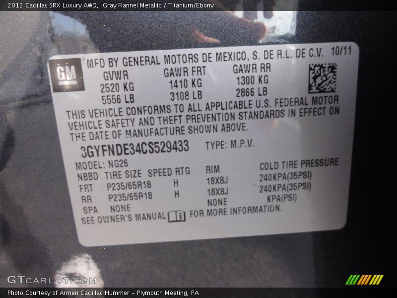 Gray Flannel Metallic / Titanium/Ebony 2012 Cadillac SRX Luxury AWD