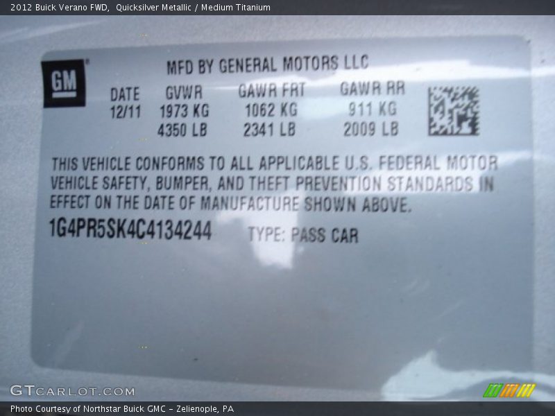 Quicksilver Metallic / Medium Titanium 2012 Buick Verano FWD