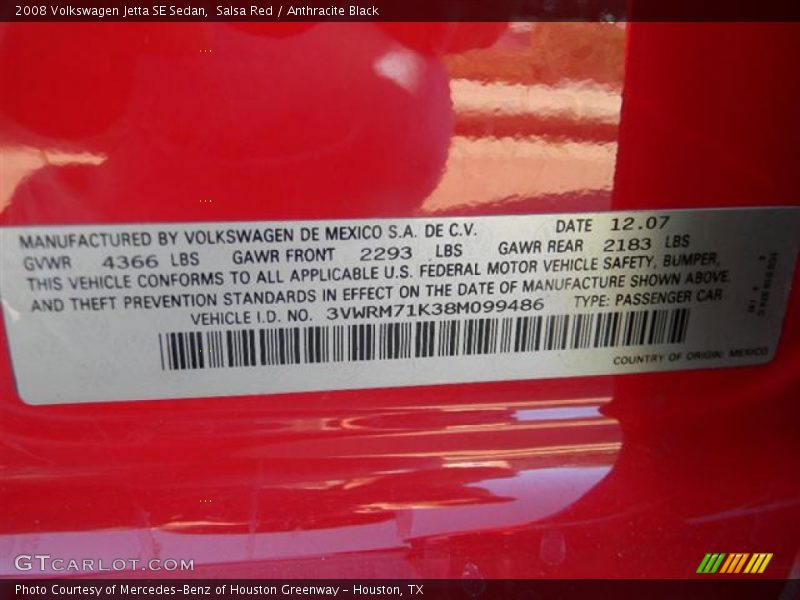 Salsa Red / Anthracite Black 2008 Volkswagen Jetta SE Sedan