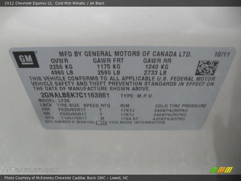 Gold Mist Metallic / Jet Black 2012 Chevrolet Equinox LS