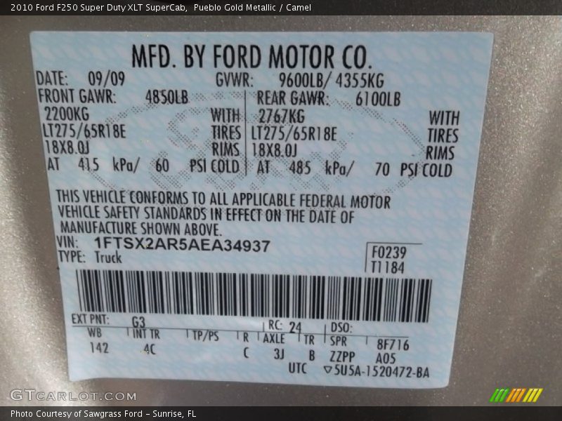 2010 F250 Super Duty XLT SuperCab Pueblo Gold Metallic Color Code G3