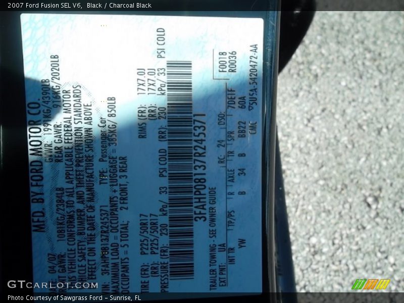 Black / Charcoal Black 2007 Ford Fusion SEL V6