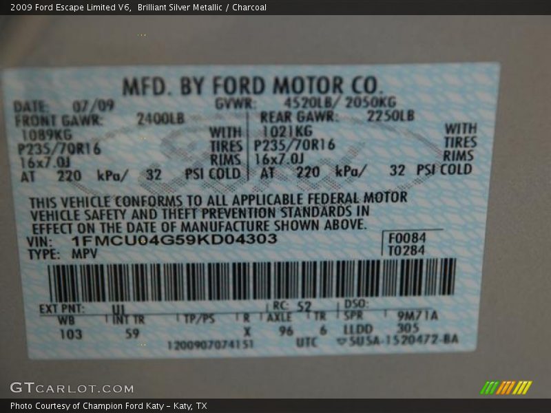 Brilliant Silver Metallic / Charcoal 2009 Ford Escape Limited V6