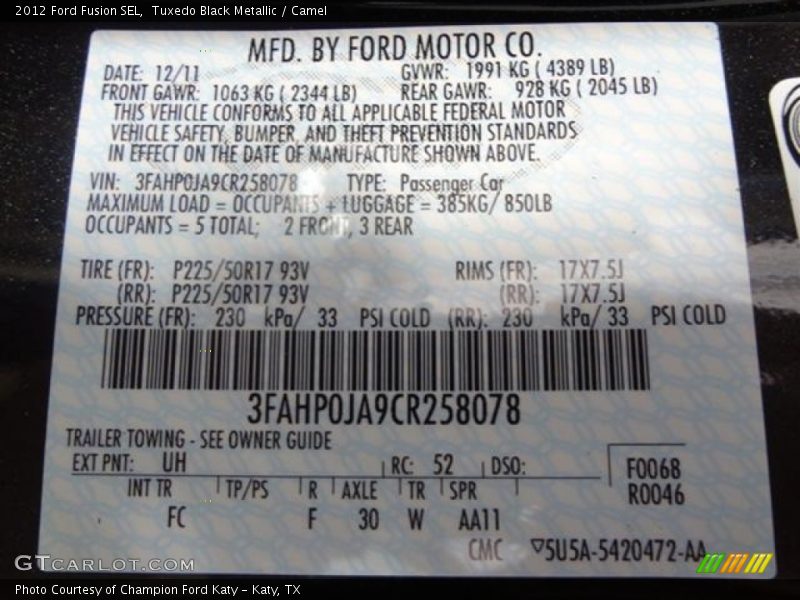 Tuxedo Black Metallic / Camel 2012 Ford Fusion SEL