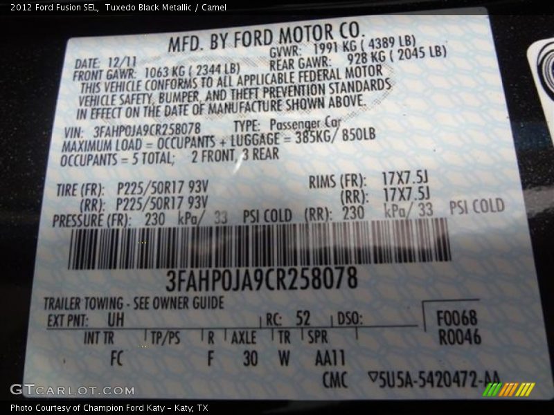 Tuxedo Black Metallic / Camel 2012 Ford Fusion SEL