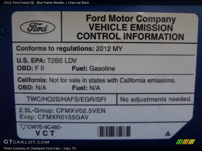 Blue Flame Metallic / Charcoal Black 2012 Ford Fusion SE