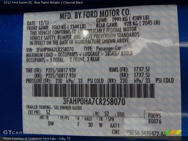 Blue Flame Metallic / Charcoal Black 2012 Ford Fusion SE