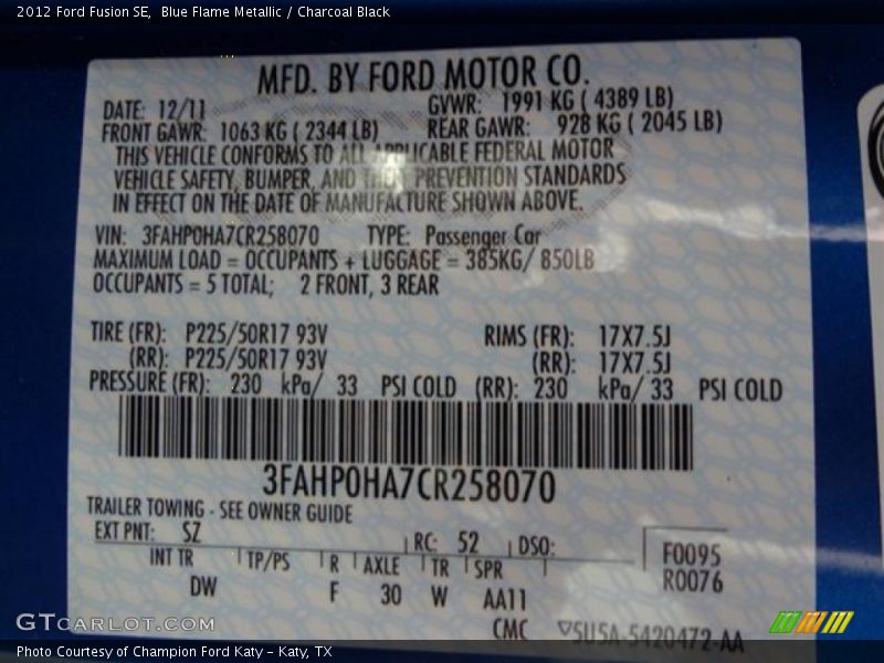 Blue Flame Metallic / Charcoal Black 2012 Ford Fusion SE