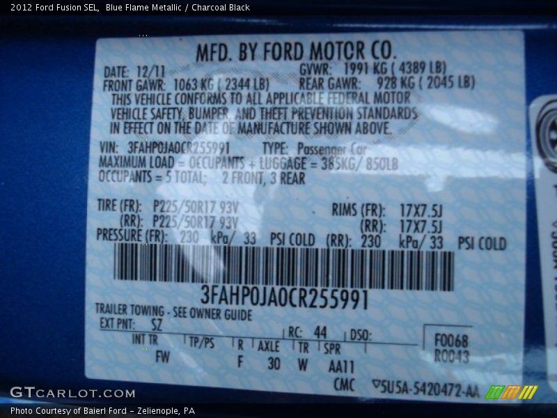 Blue Flame Metallic / Charcoal Black 2012 Ford Fusion SEL