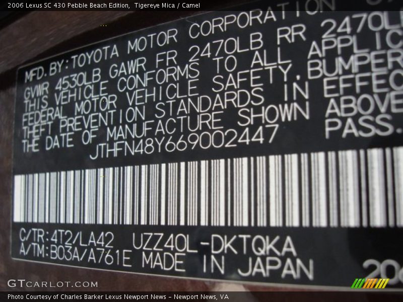 2006 SC 430 Pebble Beach Edition Tigereye Mica Color Code 4T2