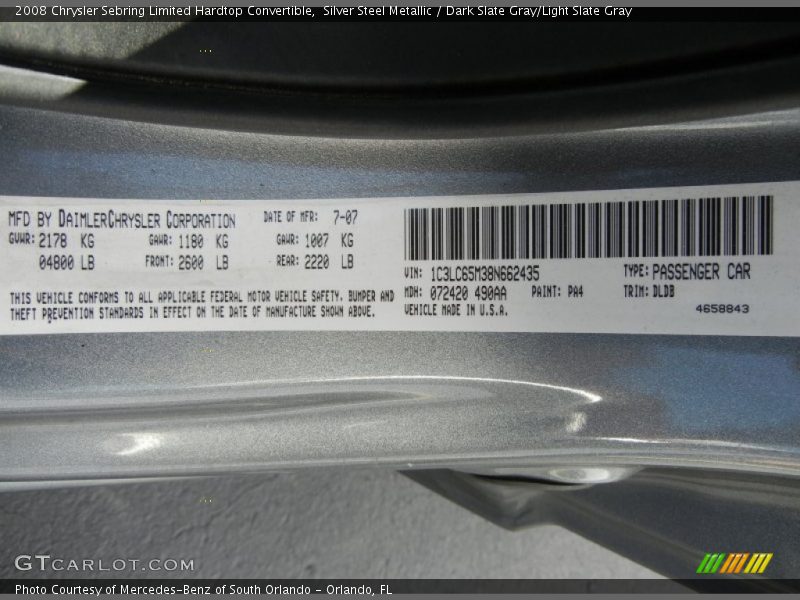 Silver Steel Metallic / Dark Slate Gray/Light Slate Gray 2008 Chrysler Sebring Limited Hardtop Convertible