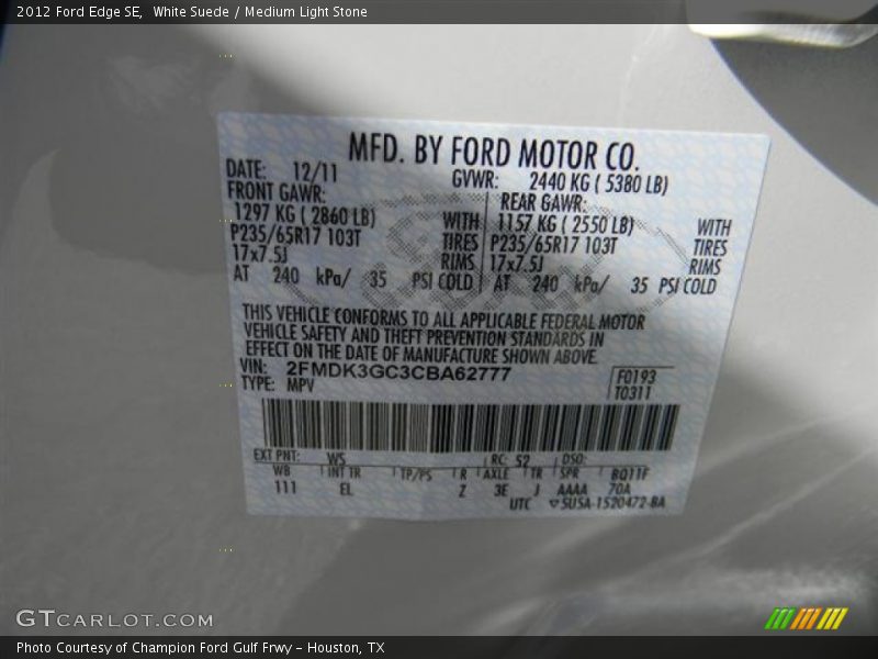 White Suede / Medium Light Stone 2012 Ford Edge SE