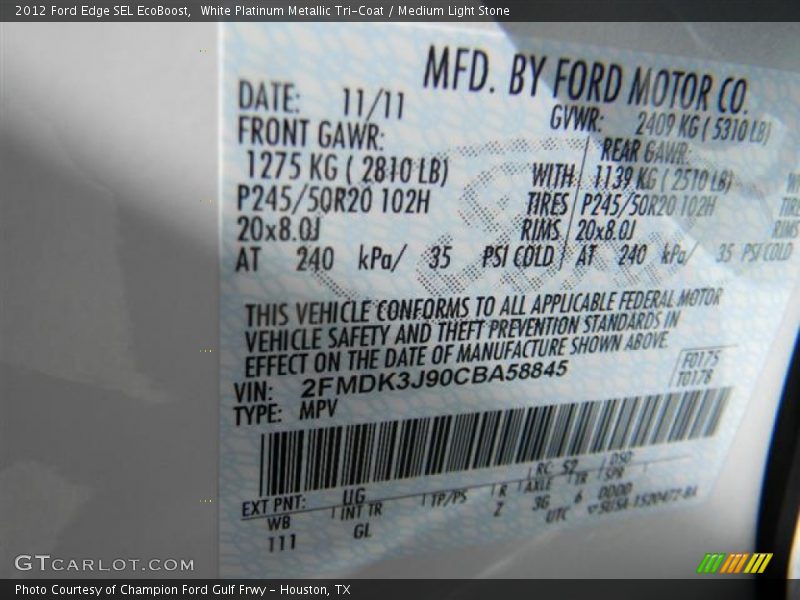 White Platinum Metallic Tri-Coat / Medium Light Stone 2012 Ford Edge SEL EcoBoost