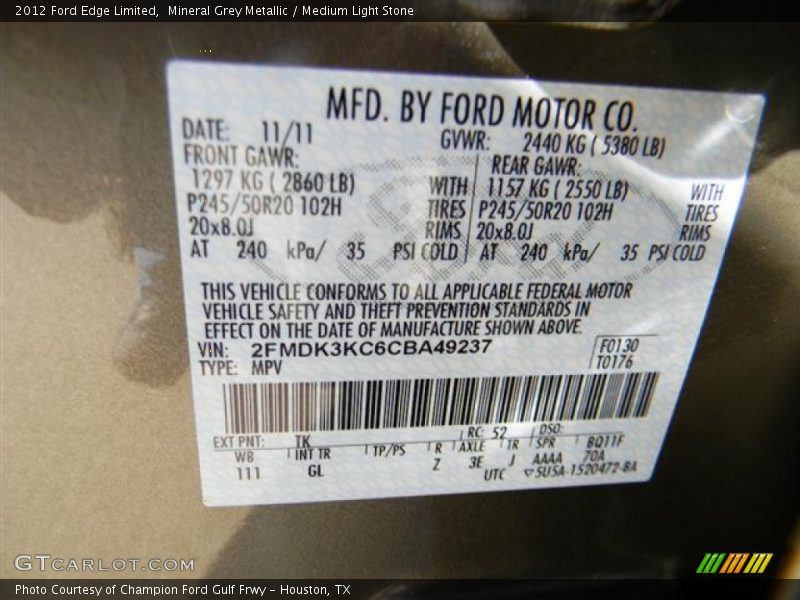 Mineral Grey Metallic / Medium Light Stone 2012 Ford Edge Limited