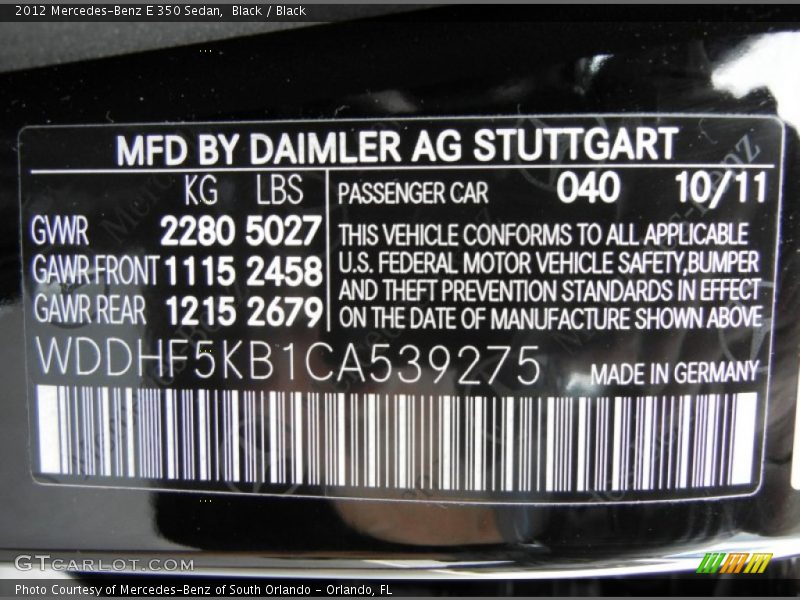 2012 E 350 Sedan Black Color Code 040