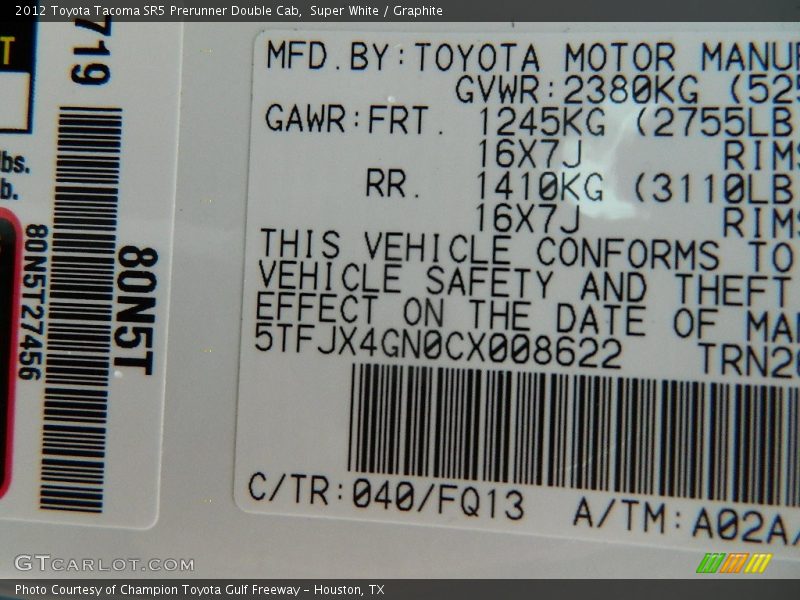 Super White / Graphite 2012 Toyota Tacoma SR5 Prerunner Double Cab