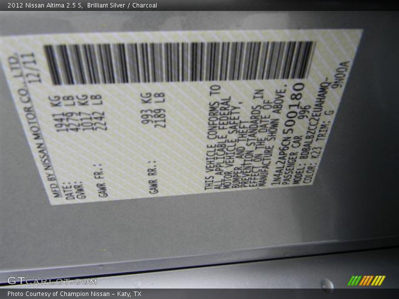 Brilliant Silver / Charcoal 2012 Nissan Altima 2.5 S
