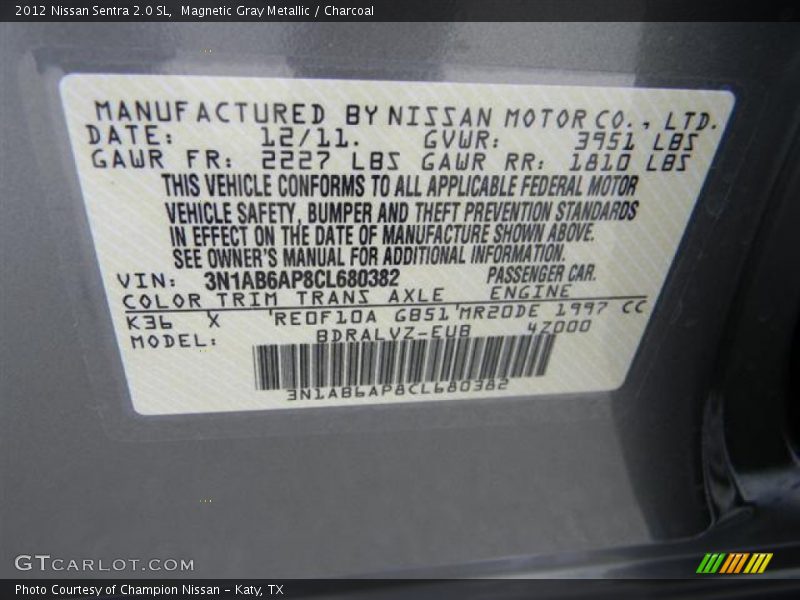 Magnetic Gray Metallic / Charcoal 2012 Nissan Sentra 2.0 SL