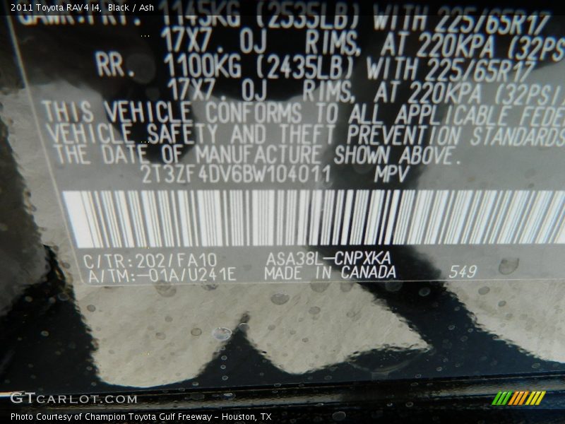 2011 RAV4 I4 Black Color Code 202