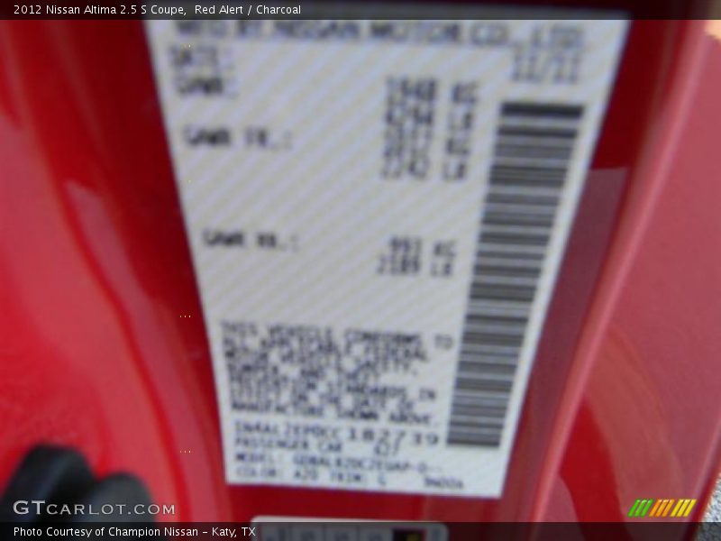 Red Alert / Charcoal 2012 Nissan Altima 2.5 S Coupe