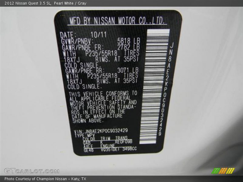 Pearl White / Gray 2012 Nissan Quest 3.5 SL