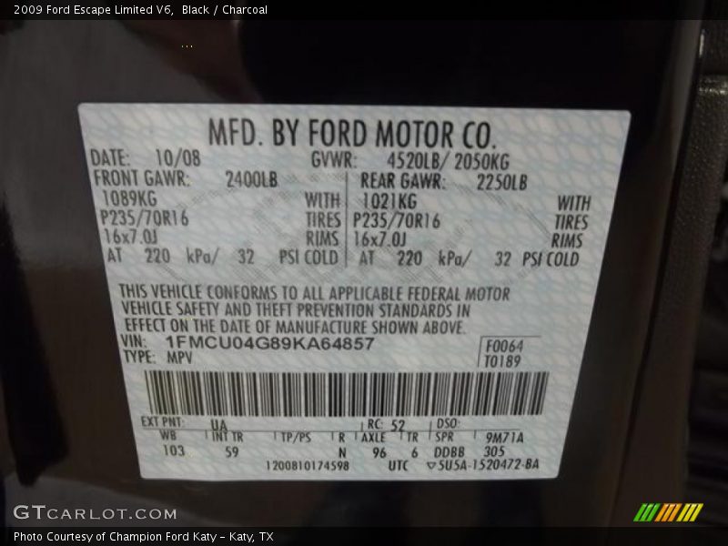 2009 Escape Limited V6 Black Color Code UA