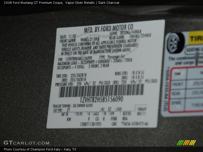 Vapor Silver Metallic / Dark Charcoal 2008 Ford Mustang GT Premium Coupe