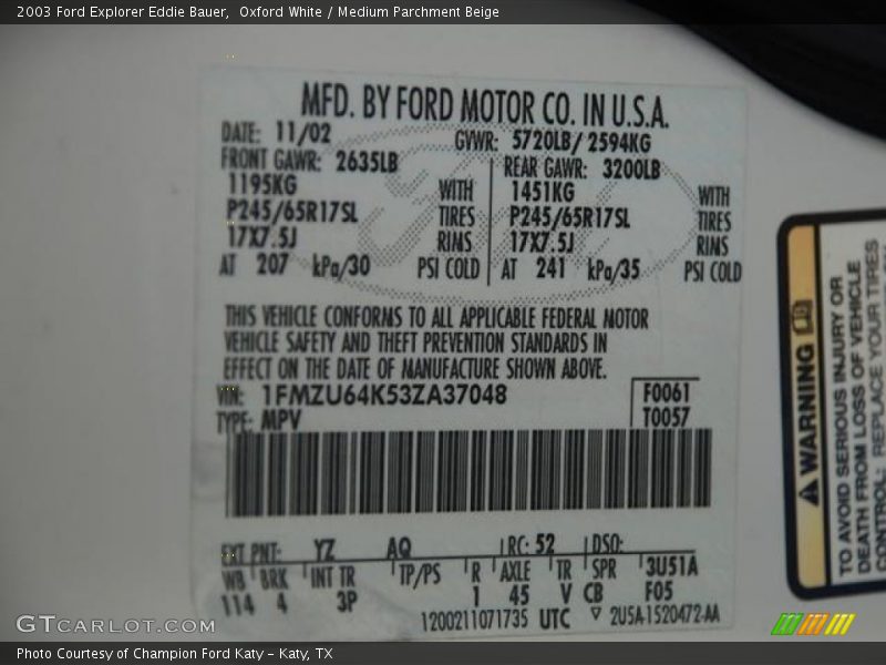 Oxford White / Medium Parchment Beige 2003 Ford Explorer Eddie Bauer