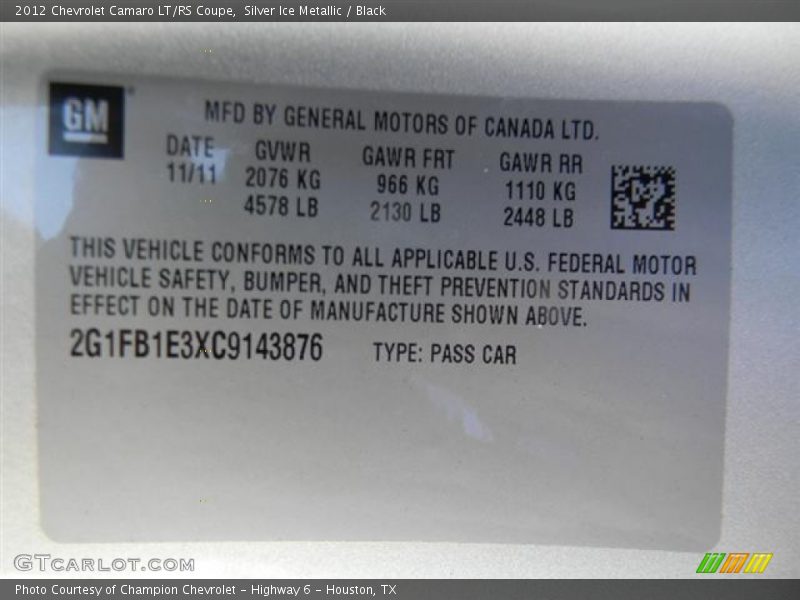Silver Ice Metallic / Black 2012 Chevrolet Camaro LT/RS Coupe