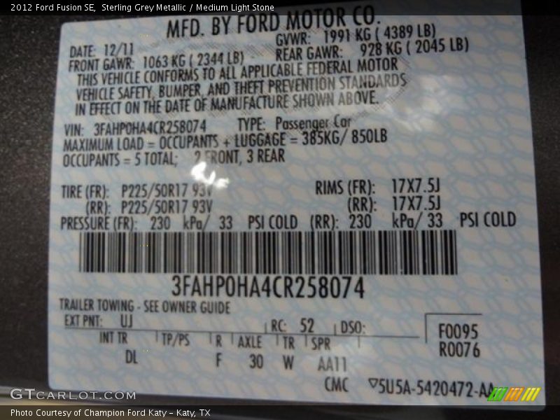 Sterling Grey Metallic / Medium Light Stone 2012 Ford Fusion SE