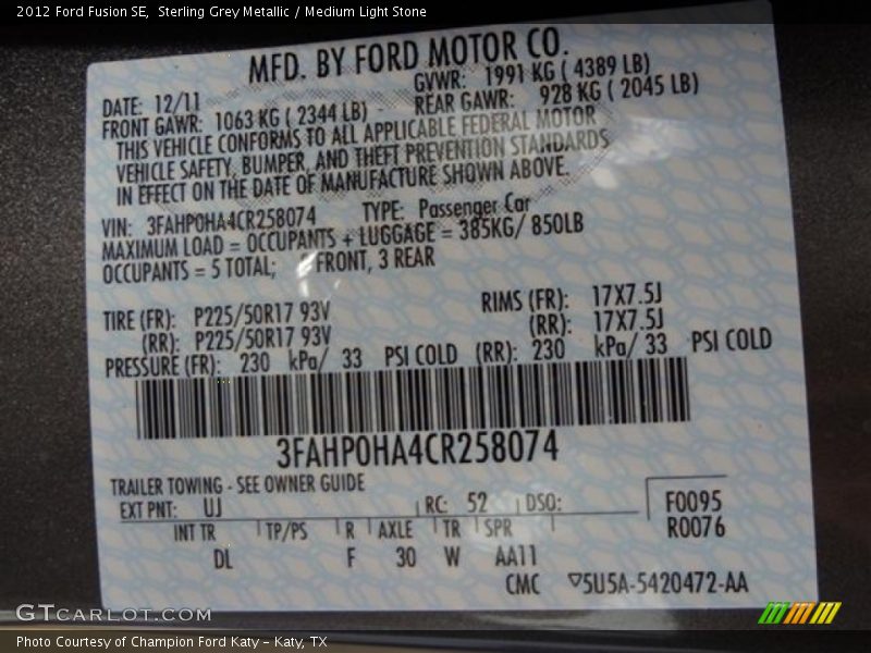 Sterling Grey Metallic / Medium Light Stone 2012 Ford Fusion SE