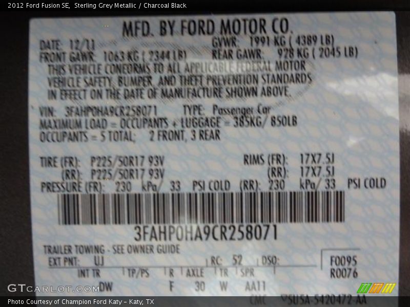 Sterling Grey Metallic / Charcoal Black 2012 Ford Fusion SE