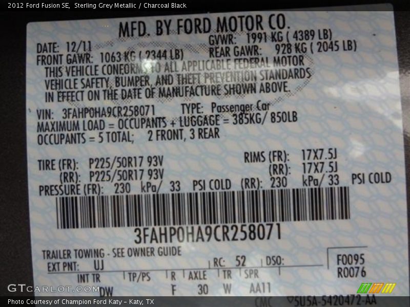 Sterling Grey Metallic / Charcoal Black 2012 Ford Fusion SE