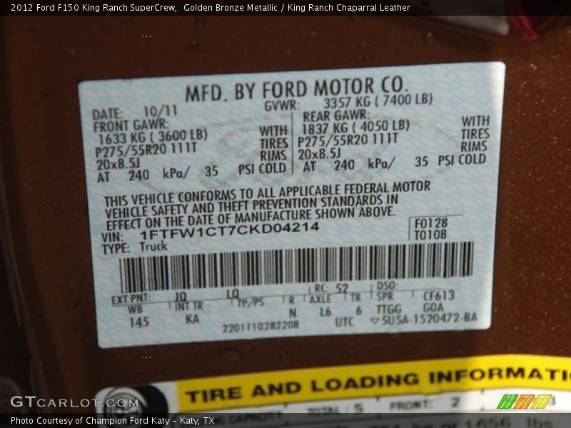 2012 F150 King Ranch SuperCrew Golden Bronze Metallic Color Code JQ