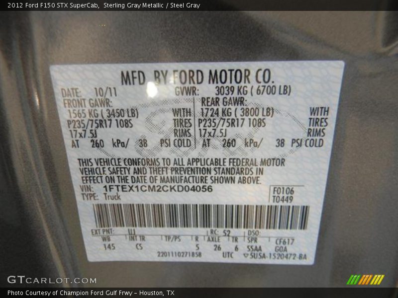 Sterling Gray Metallic / Steel Gray 2012 Ford F150 STX SuperCab