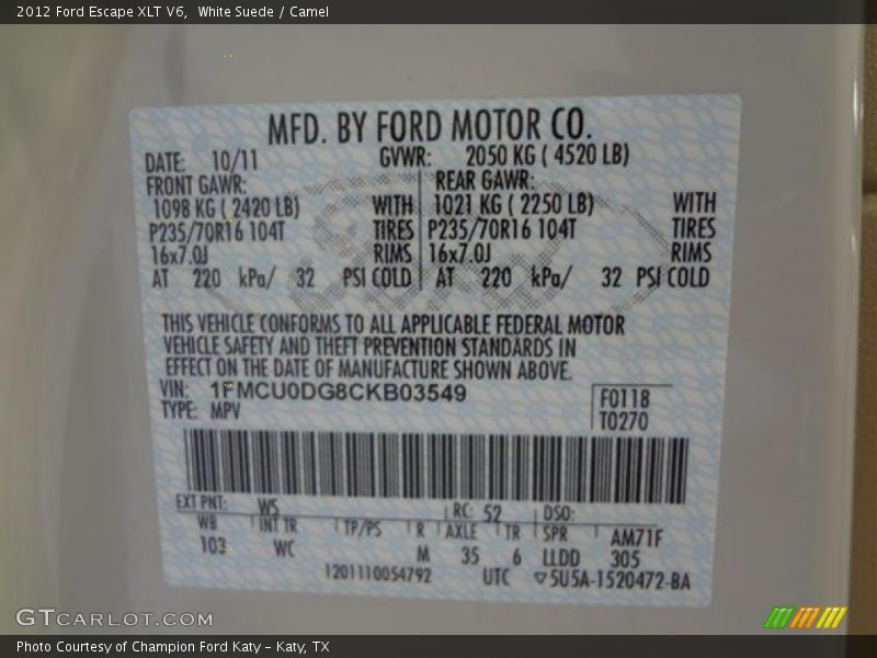 White Suede / Camel 2012 Ford Escape XLT V6