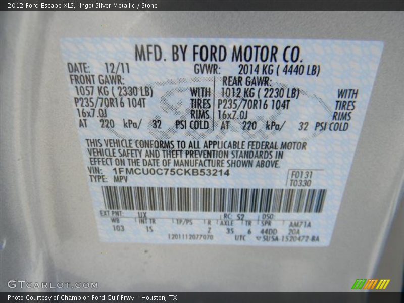 Ingot Silver Metallic / Stone 2012 Ford Escape XLS