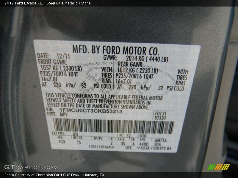 Steel Blue Metallic / Stone 2012 Ford Escape XLS
